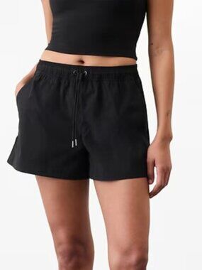Athleta Mid Rise Poplin Short Womens Large Black Athletic Pull On Drawstring